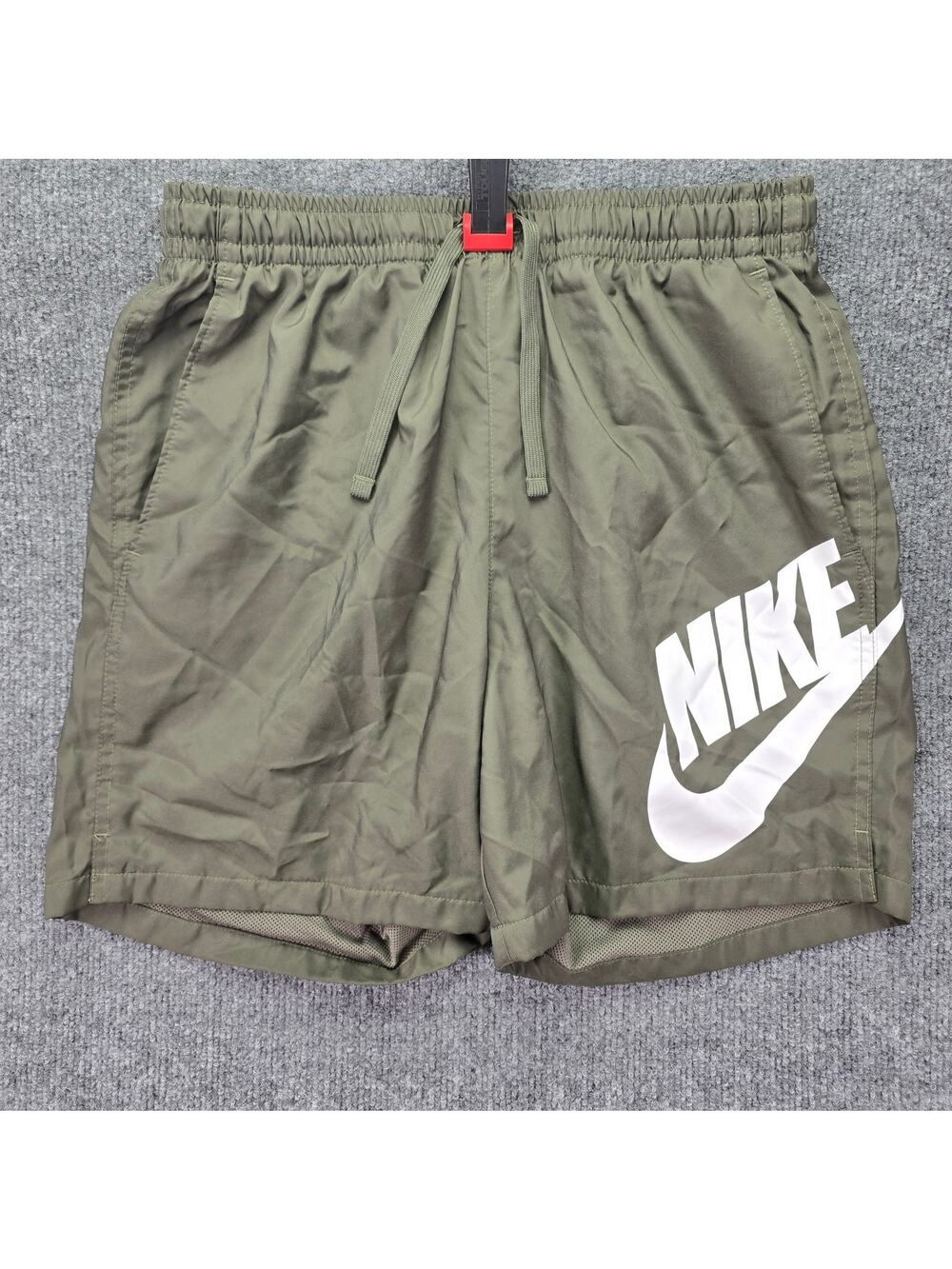 Nike Sportswear Shorts Mens Medium Olive Big Logo Mesh Lined Swim Drawstring
